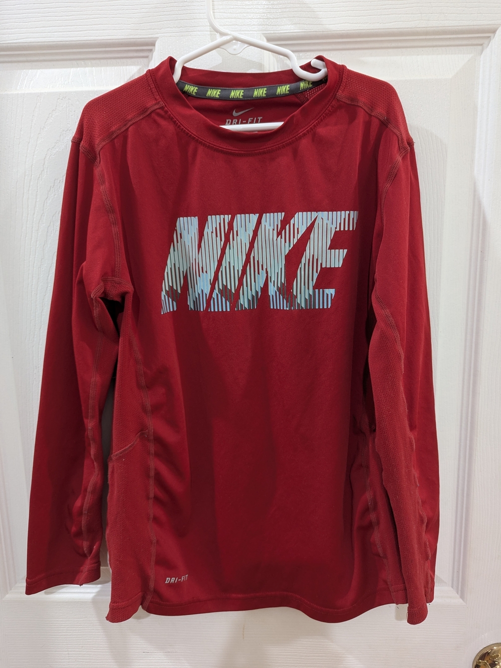 Nike Red Long Sleeve Dri-FIT Tee with Blue Logo